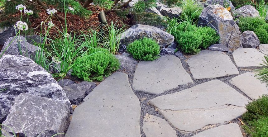 Backyard Garden Modern Design Landscaping. Landscaped Back Yard. Decorative Garden With Pathway Or Walkway From Stone And Rocks Or Gravel. Back Yard Or Park Lawn With Stony Natural landscaping.